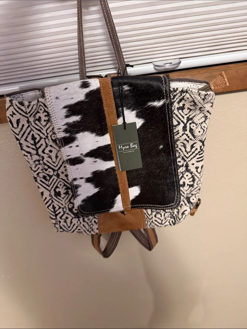 Myra Bag Black & White Cowhide Pattern Backpack with Tan Accents